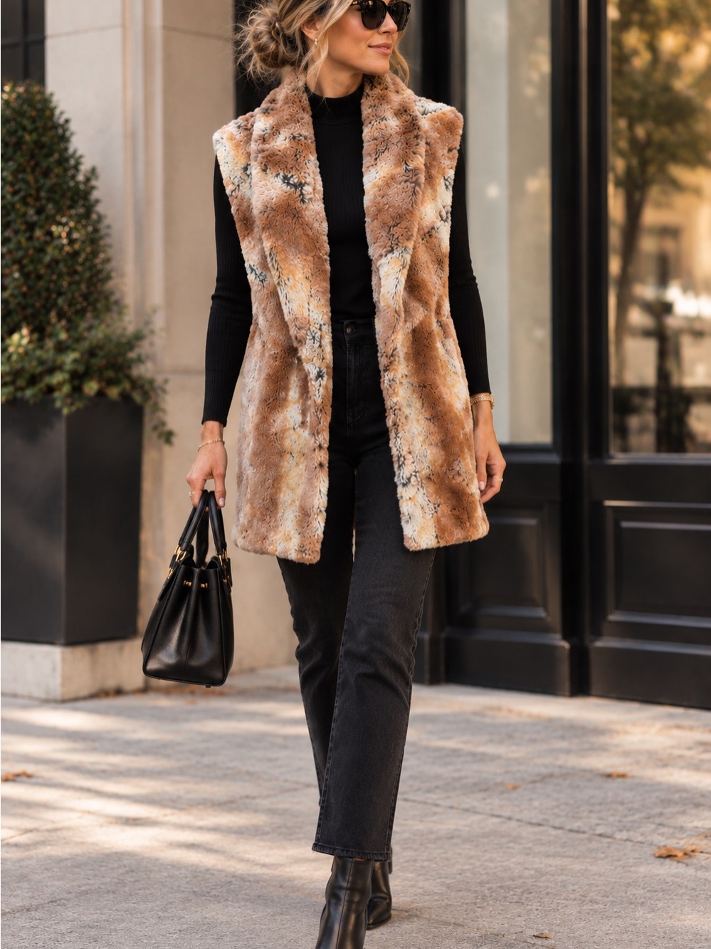 Alice + Olivia Faux Fur Animal Print Longline Shawl Collar Vest Brown Multi-SM
